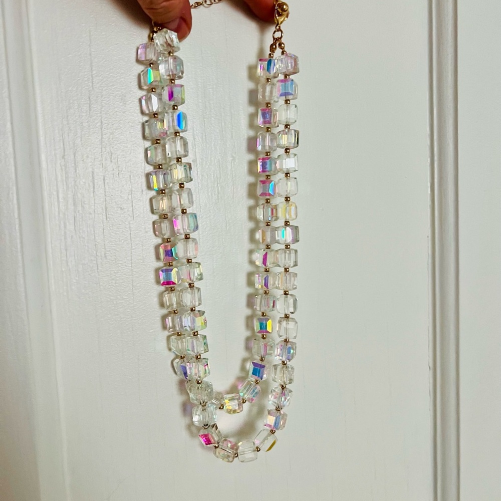 Clear, iridescent cube necklace. Beautiful and unique.